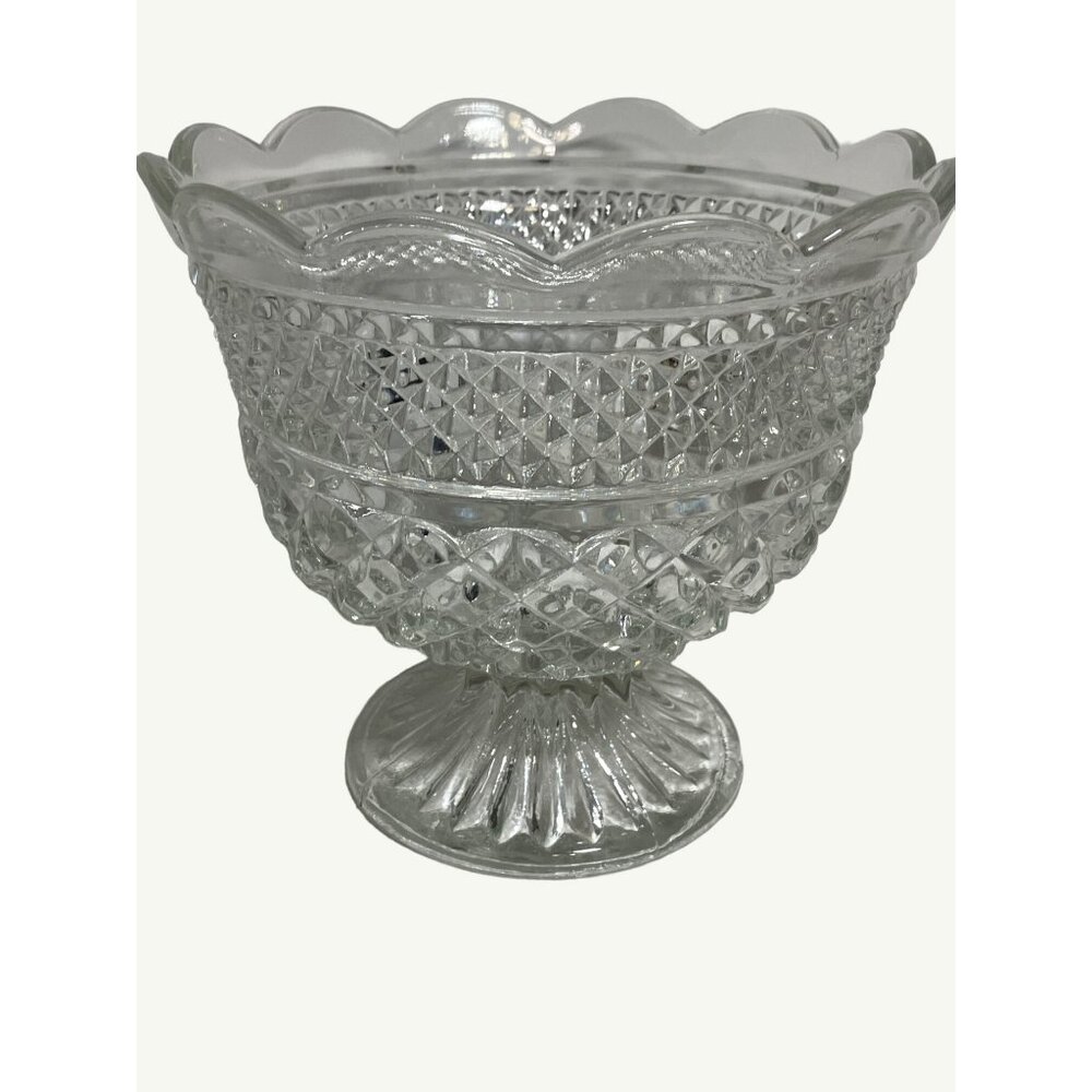 Clear Cut Glass Pedestal Bowl 8" across 7" Tall, Scalloped Edge Vintage
